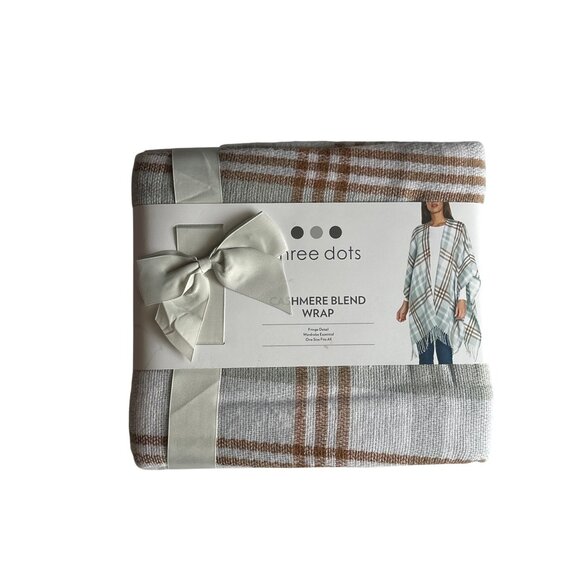 Three Dots Cashmere Blend Wrap With Fringe Detail In Grey Louisa Plaid  One Size - Picture 1 of 6